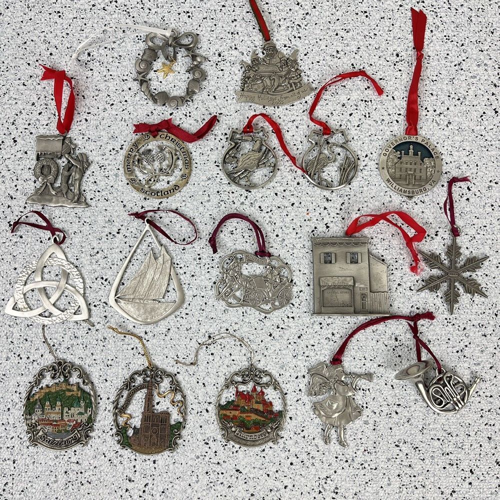 Christmas Tree Ornament Collection Pewter Metal Travel Souvenir Lot of 17‎